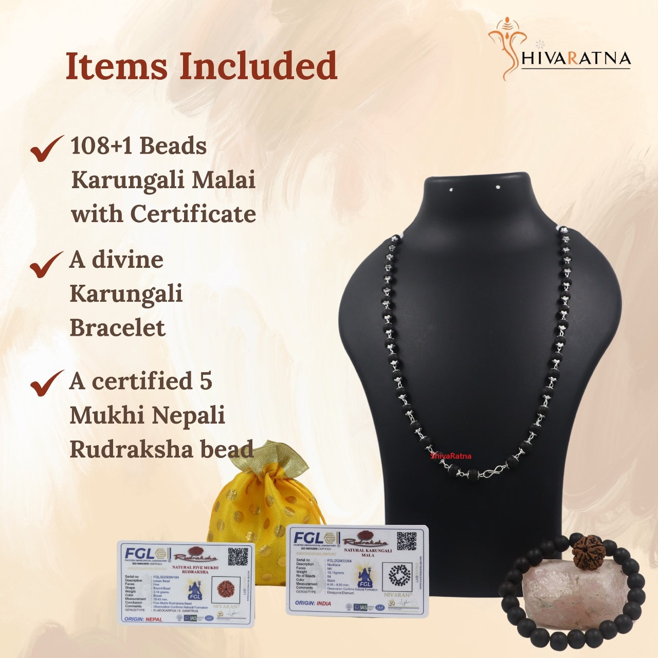 ShivaRatna 100% Natural Karungali Malai (54+1, 8mm) German Silver Finish | Dual Lab Certified Free: Karungali Bracelet + 5 Mukhi Rudraksha கருங்காலி மாலை – Sacred. Energized. Divine.