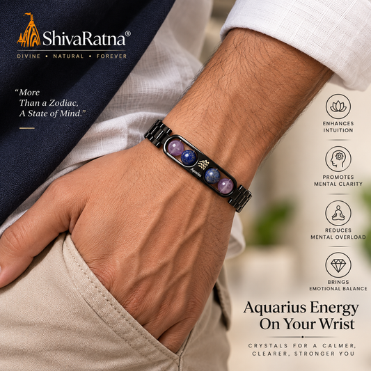 ShivaRatna Aquarius Zodiac Bracelet for Men | Metal Bracelet with Natural Crystal Beads - ShivaRatna
