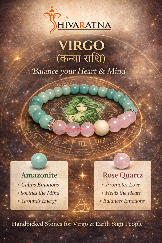 Shivaratna bracelet with gemstones on a Virgo zodiac background