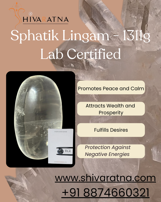 ShivaRatna Sphatik Lingam - 1311g, Lab-Certified, 80mm Height, 97% Stone Clarity - ShivaRatna