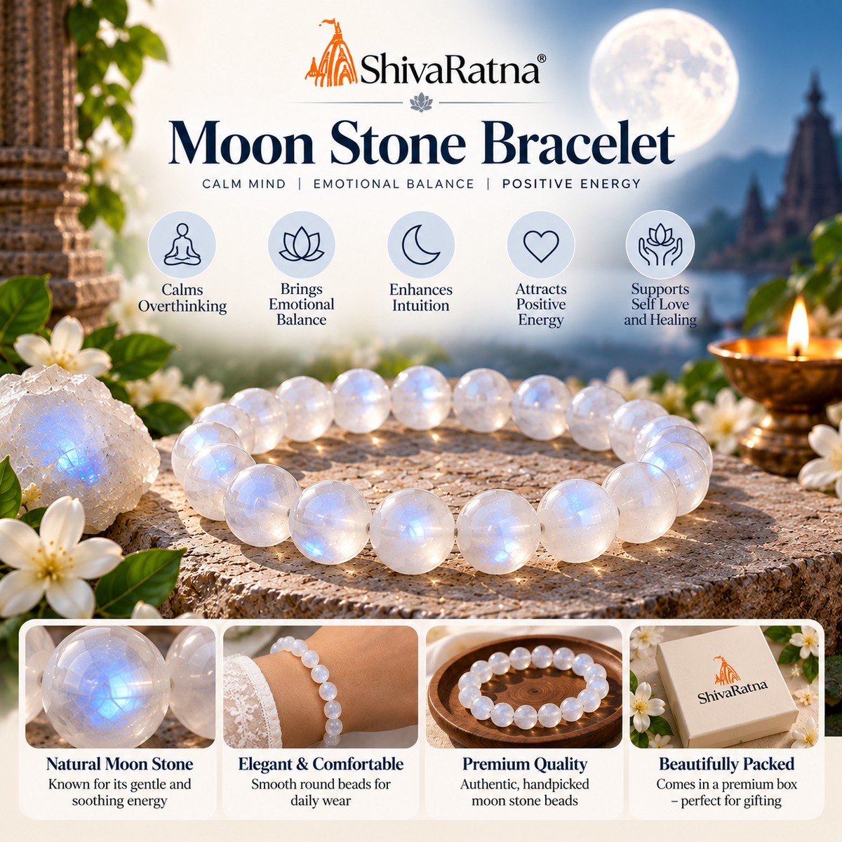 ShivaRatna Natural Moonstone Bracelet for Emotional Balance, Calmness & Positive Energy 🌙