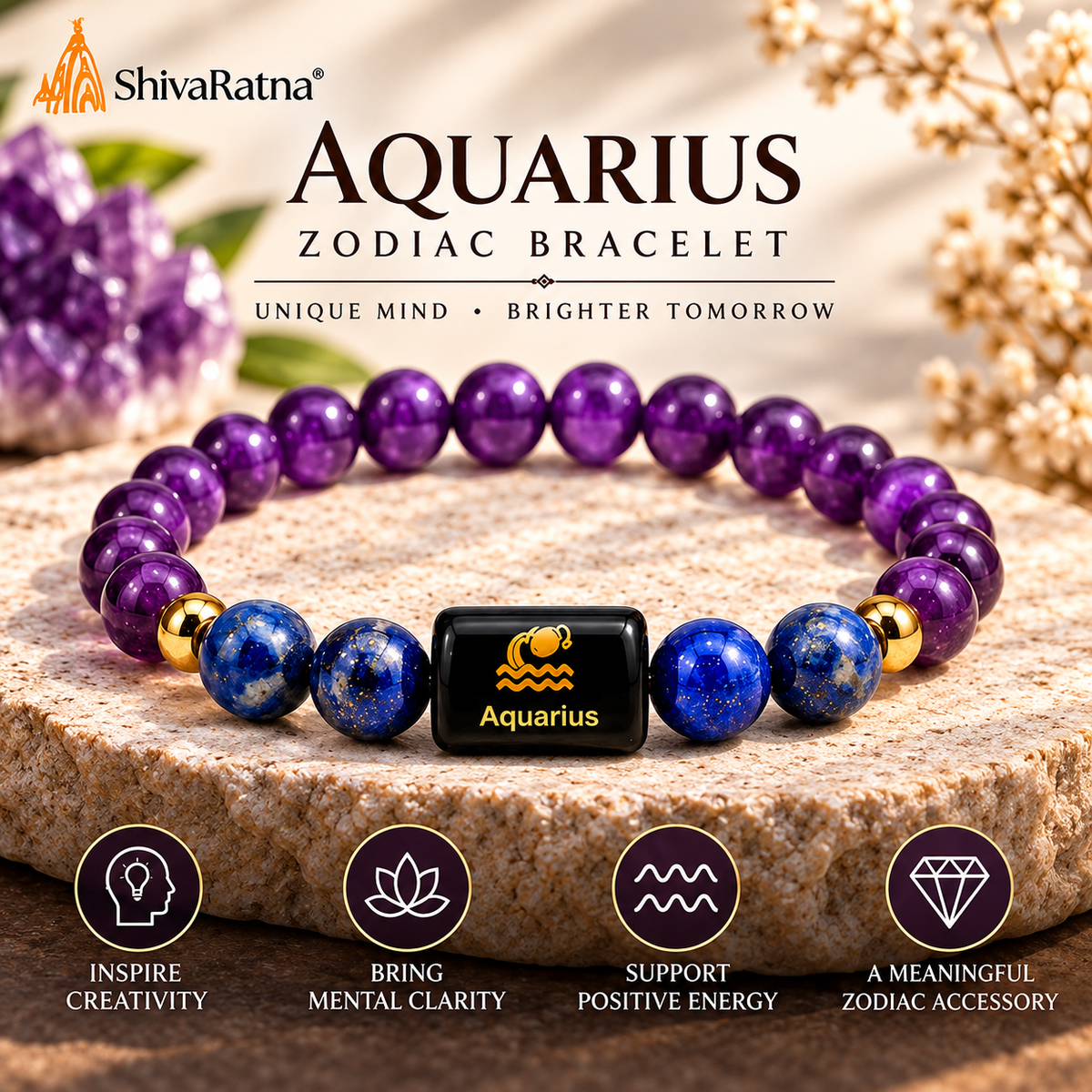 ShivaRatna Aquarius Zodiac Bracelet (कुंभ राशि) | Selenite Plate | Lab Certified | Men & Women