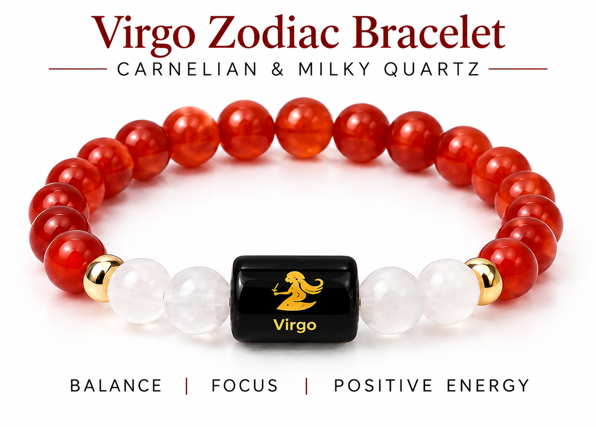 ShivaRatna Virgo Zodiac Bracelet | Kanya Rashi Bracelet with Selenite Plate | Milky Quartz & Carnelian | Lab Certified | Men & Women