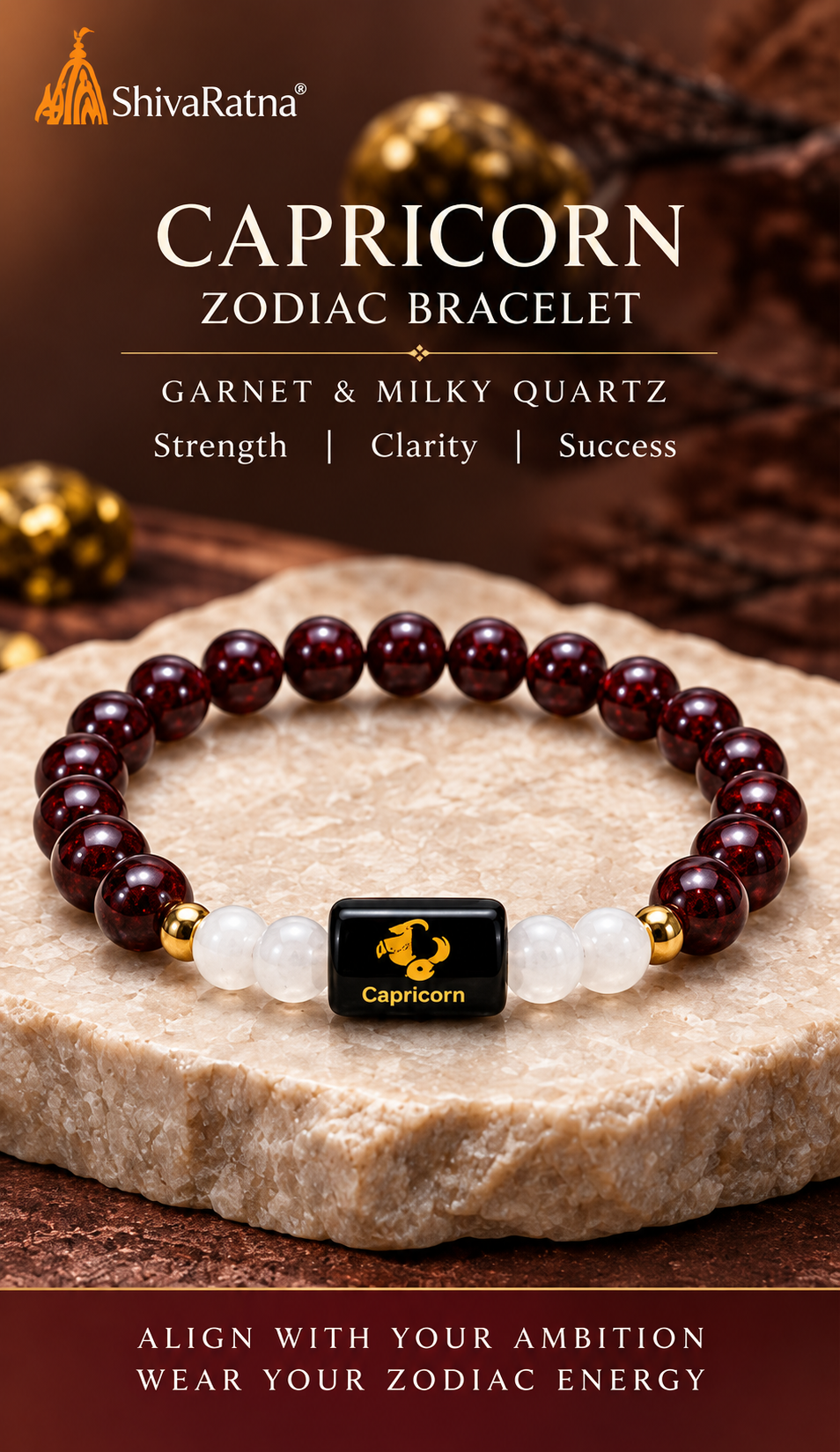 ShivaRatna Capricorn Zodiac Bracelet | Makar Rashi (मकर राशि) | Original Garnet | Selenite Plate | Lab Certified | Men & Women