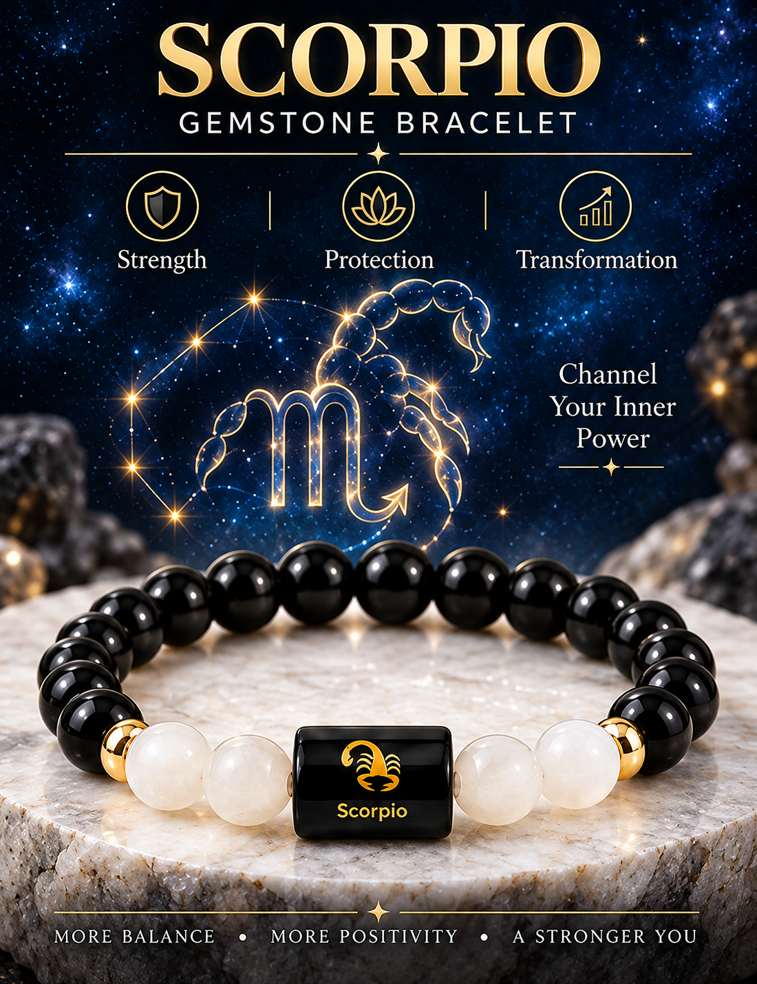 ShivaRatna Scorpio Rashi Bracelet | Vrischik Zodiac Gemstone Bracelet with Selenite Plate | Lab Certified | Men & Women