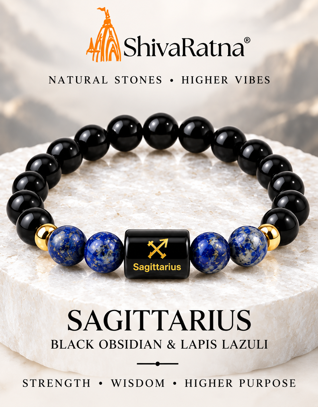 ShivaRatna Sagittarius Zodiac Bracelet (धनु राशि) | Dhanu Rashi | Selenite Plate | Lab Certified | Stretchable Gemstone Bracelet | Men & Women Gift