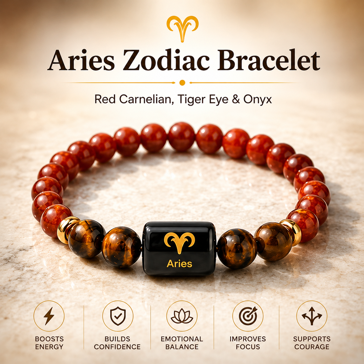 ShivaRatna Aries Zodiac Bracelet (मेष राशि) | Selenite Plate | Natural Red Jasper & Tiger Eye | Lab Certified | Men & Women