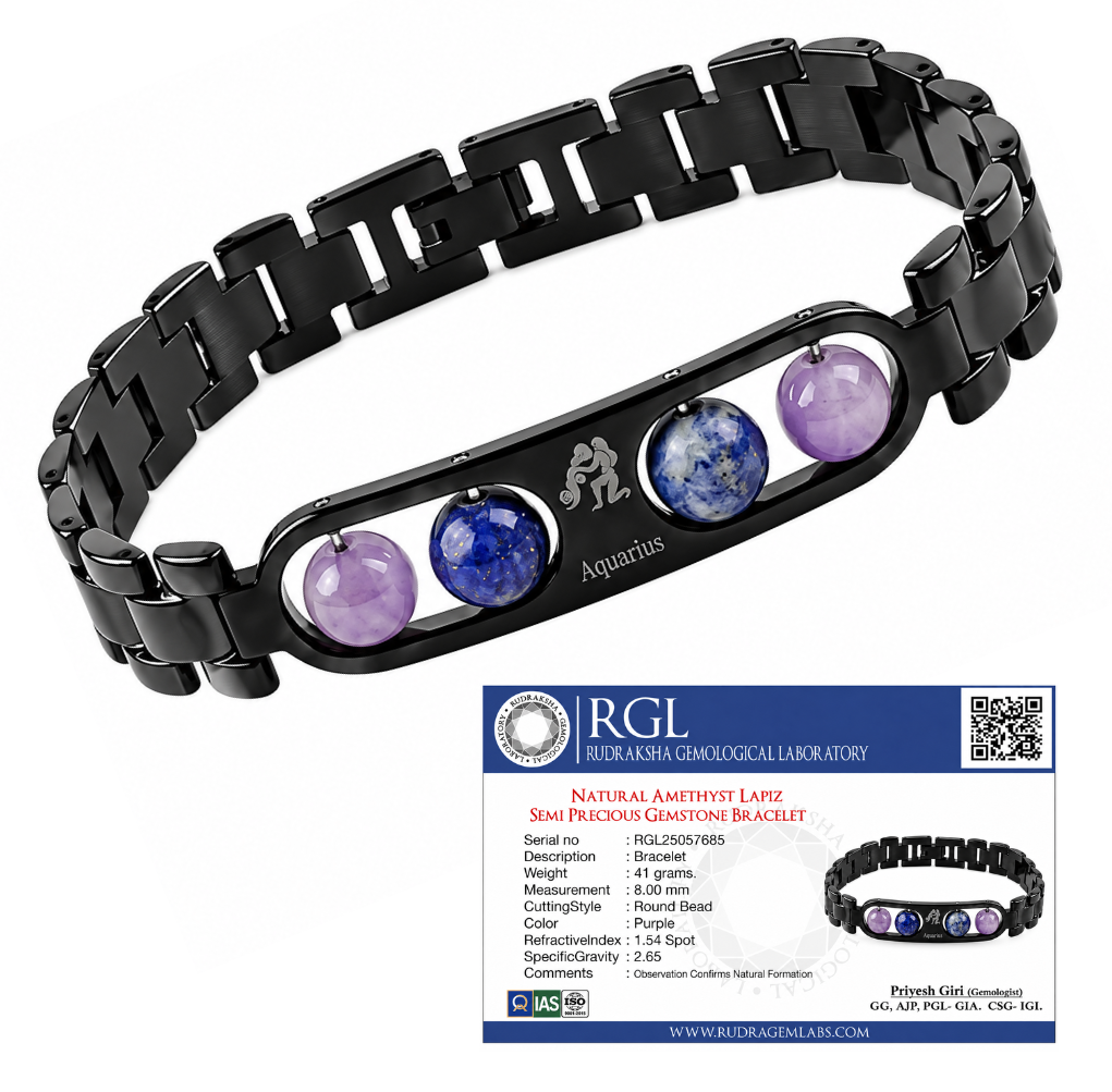 ShivaRatna Aquarius Zodiac Bracelet for Men | Metal Bracelet with Natural Crystal Beads