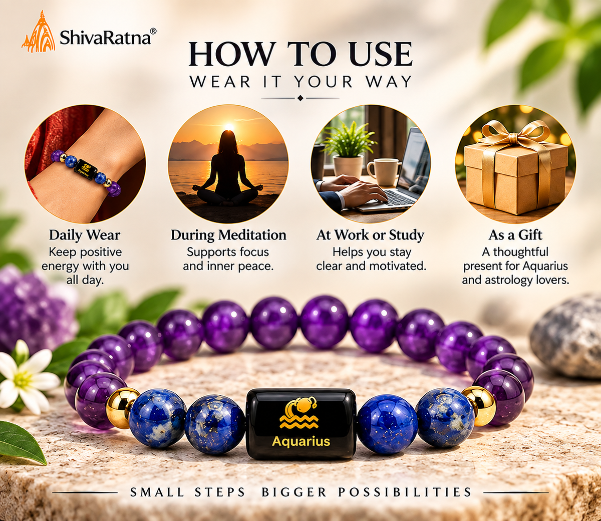 ShivaRatna Aquarius Zodiac Bracelet (कुंभ राशि) | Selenite Plate | Lab Certified | Men & Women