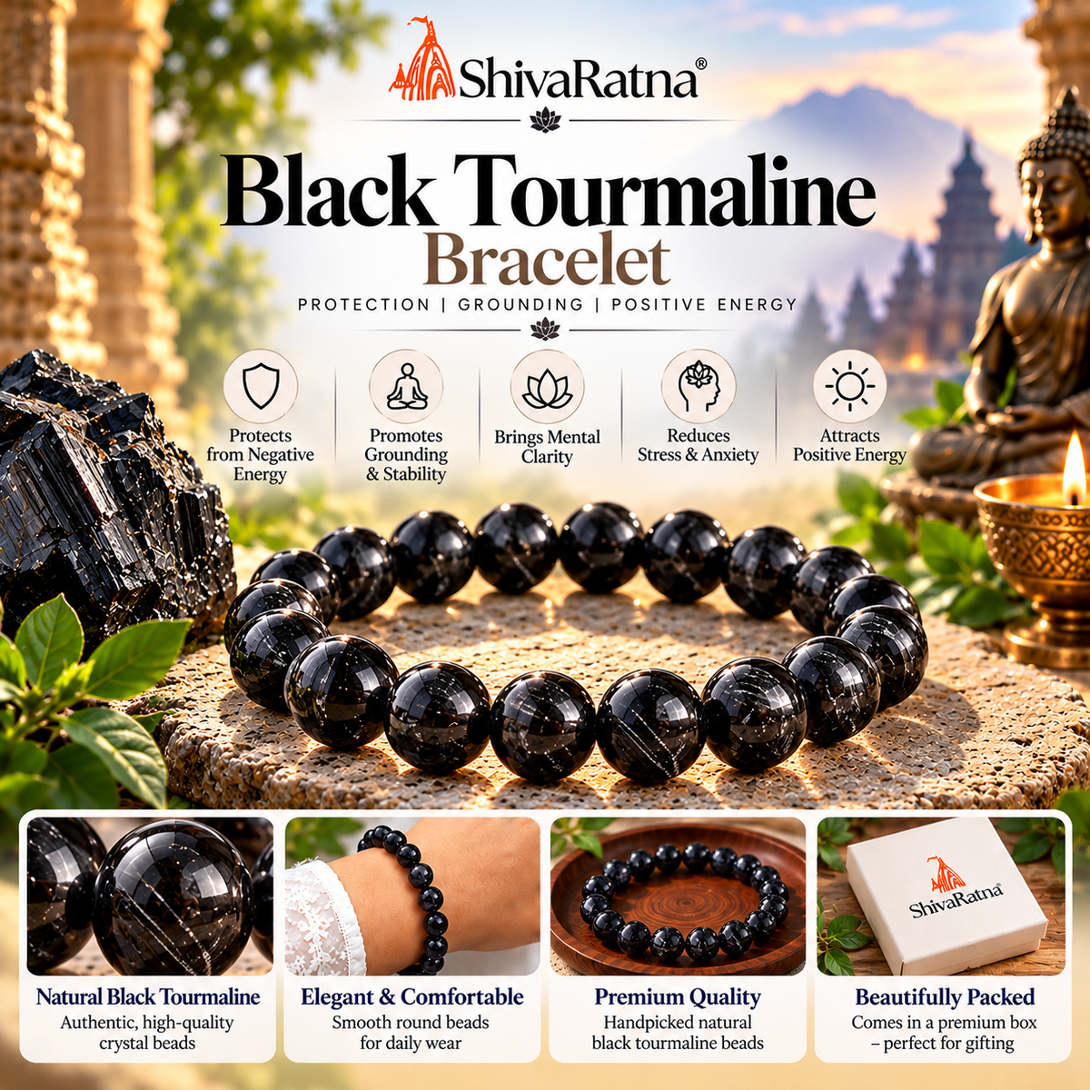 ShivaRatna Natural Black Tourmaline Bracelet for Protection & Positive Energy
