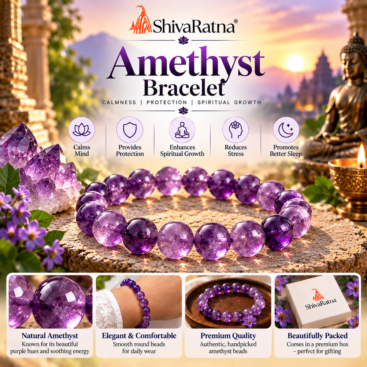 ShivaRatna Natural Amethyst Bracelet for Calmness, Peace & Positive Energy