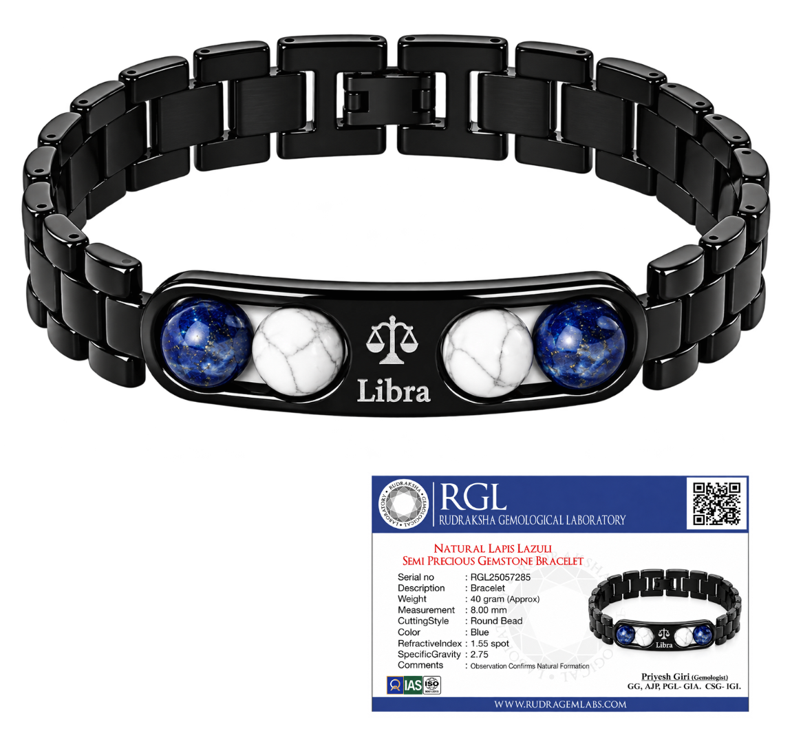 ShivaRatna Libra Zodiac Metal Bracelet for Men | AAA+ Quality Crystal Beads | Lab Certified