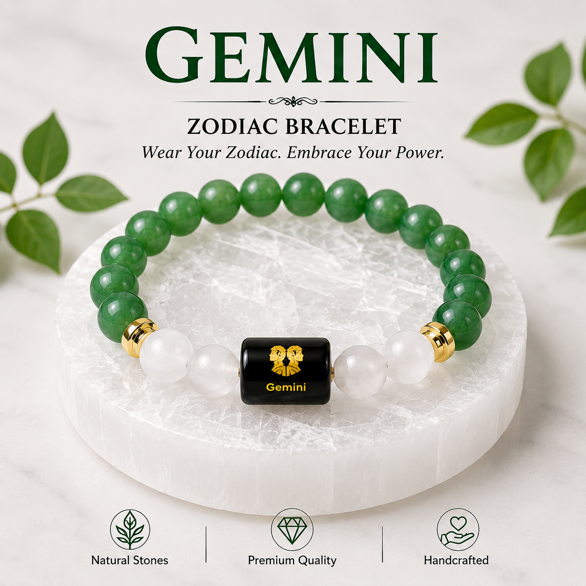 ShivaRatna Gemini Zodiac Bracelet | Mithun Rashi (मिथुन राशि) | Selenite Plate | Original Green Aventurine | Lab Certified | Men & Women