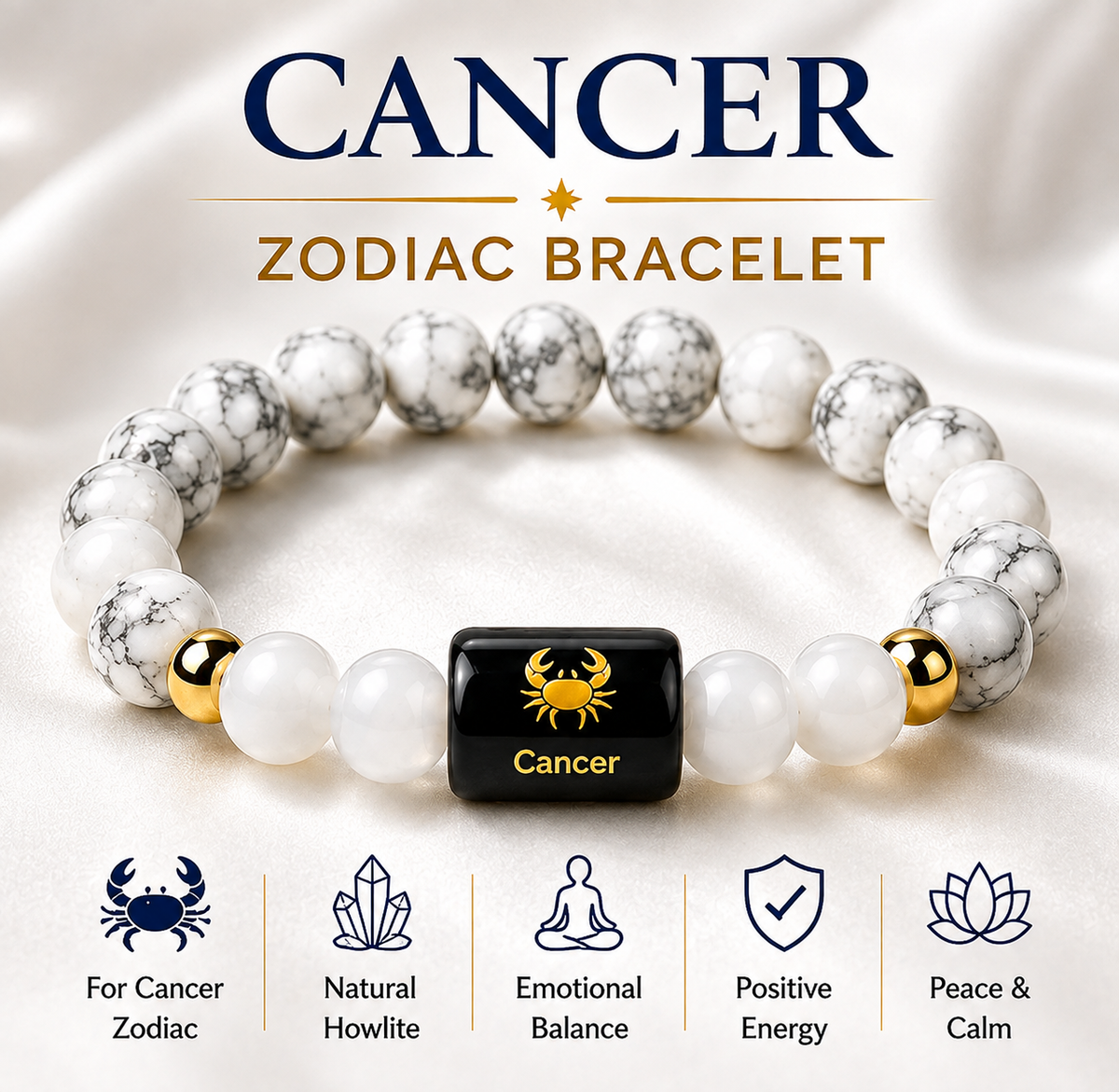 ShivaRatna Cancer Zodiac Bracelet (कर्क राशि) | Selenite Plate | Howlite & Milky Quartz | Lab Certified | Men & Women