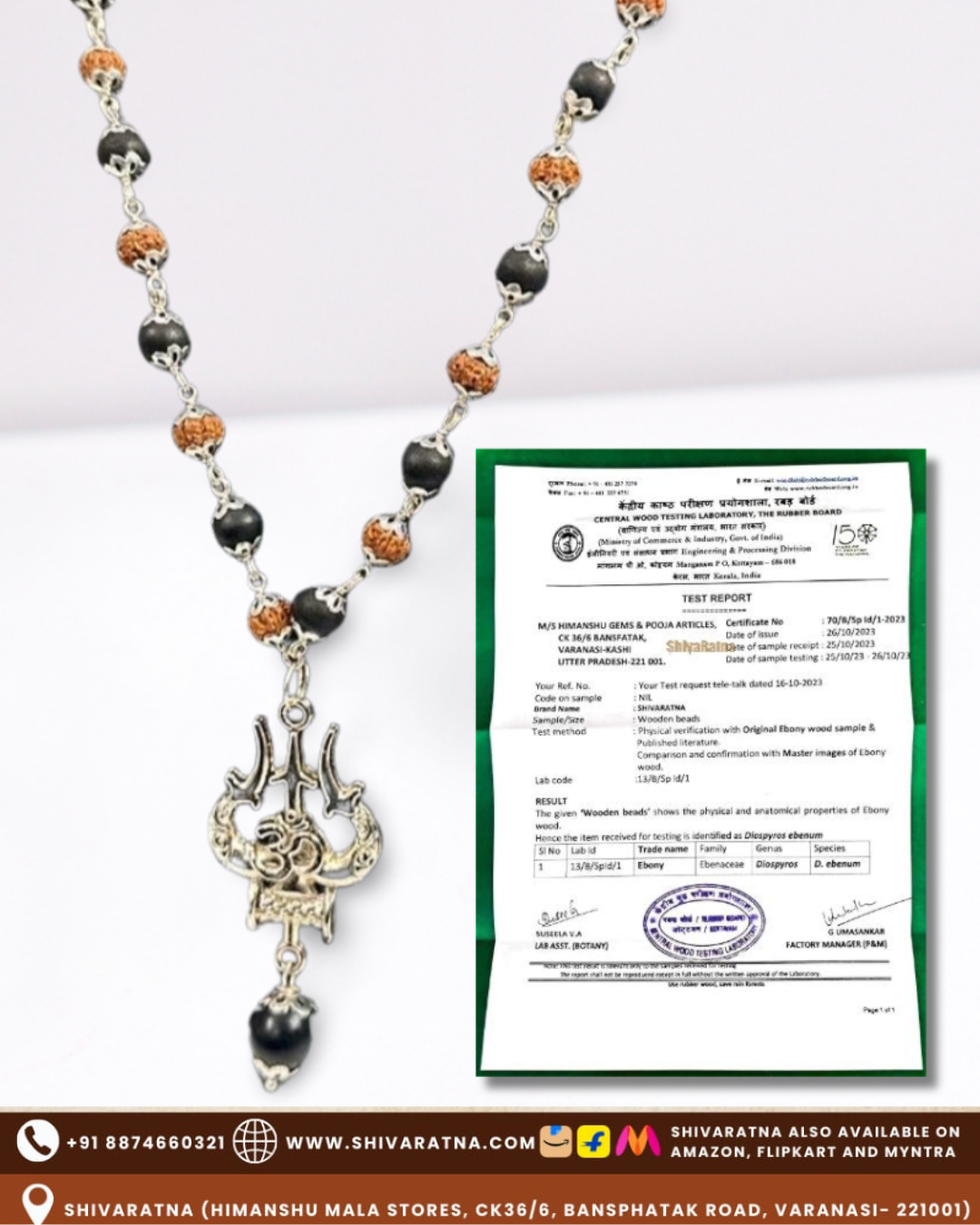 ShivaRatna OM Shiva Trishool Rudraksha Karungali Mala – The Shield of Divine Energy (Lab Certified)