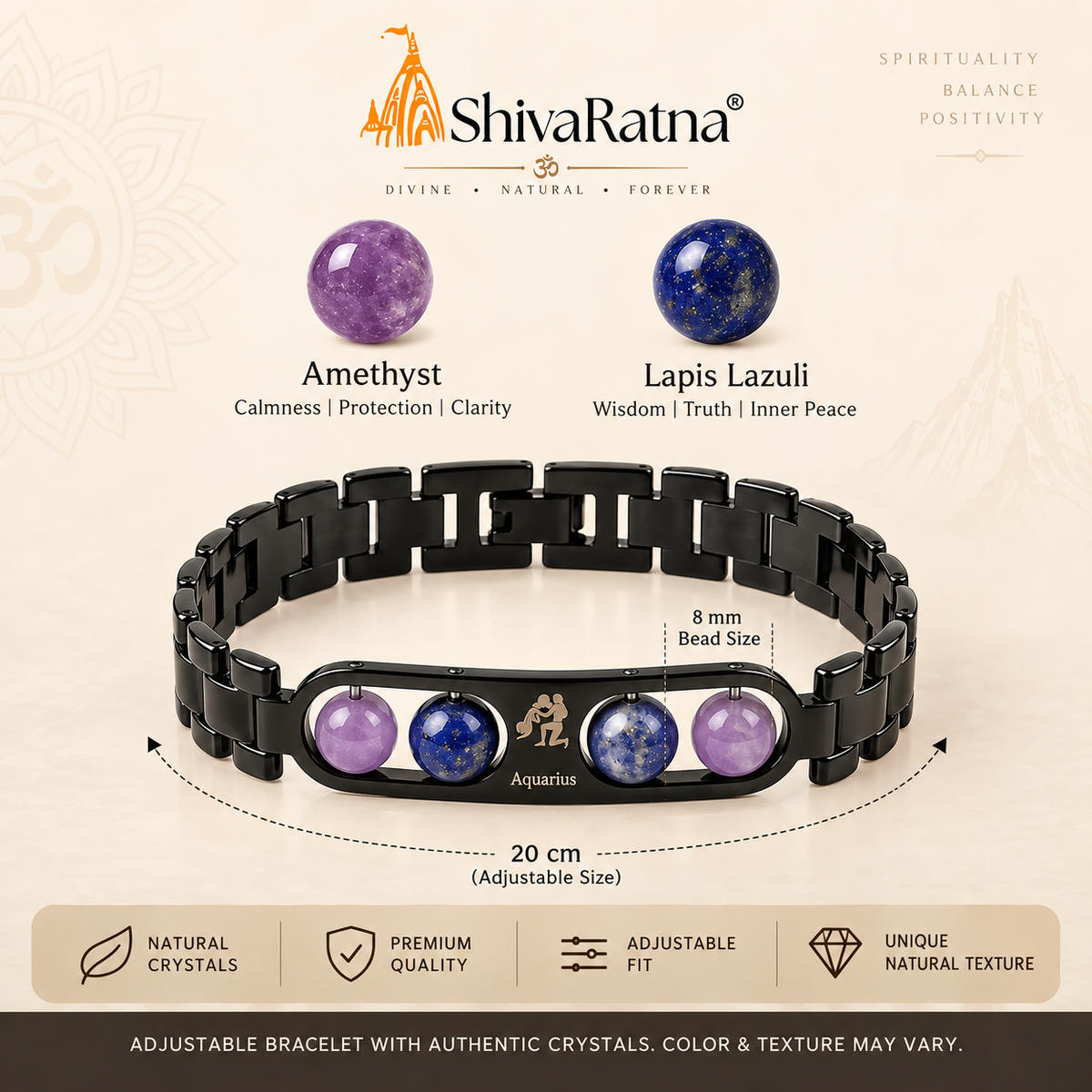 ShivaRatna Aquarius Zodiac Bracelet for Men | Metal Bracelet with Natural Crystal Beads
