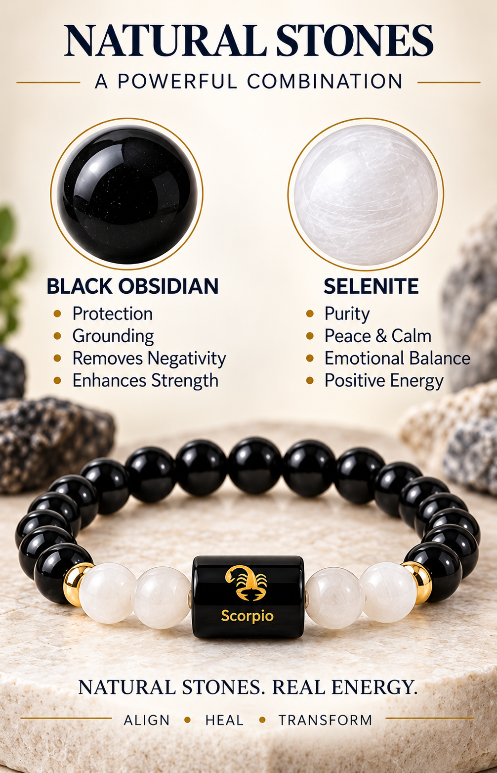 ShivaRatna Scorpio Rashi Bracelet | Vrischik Zodiac Gemstone Bracelet with Selenite Plate | Lab Certified | Men & Women