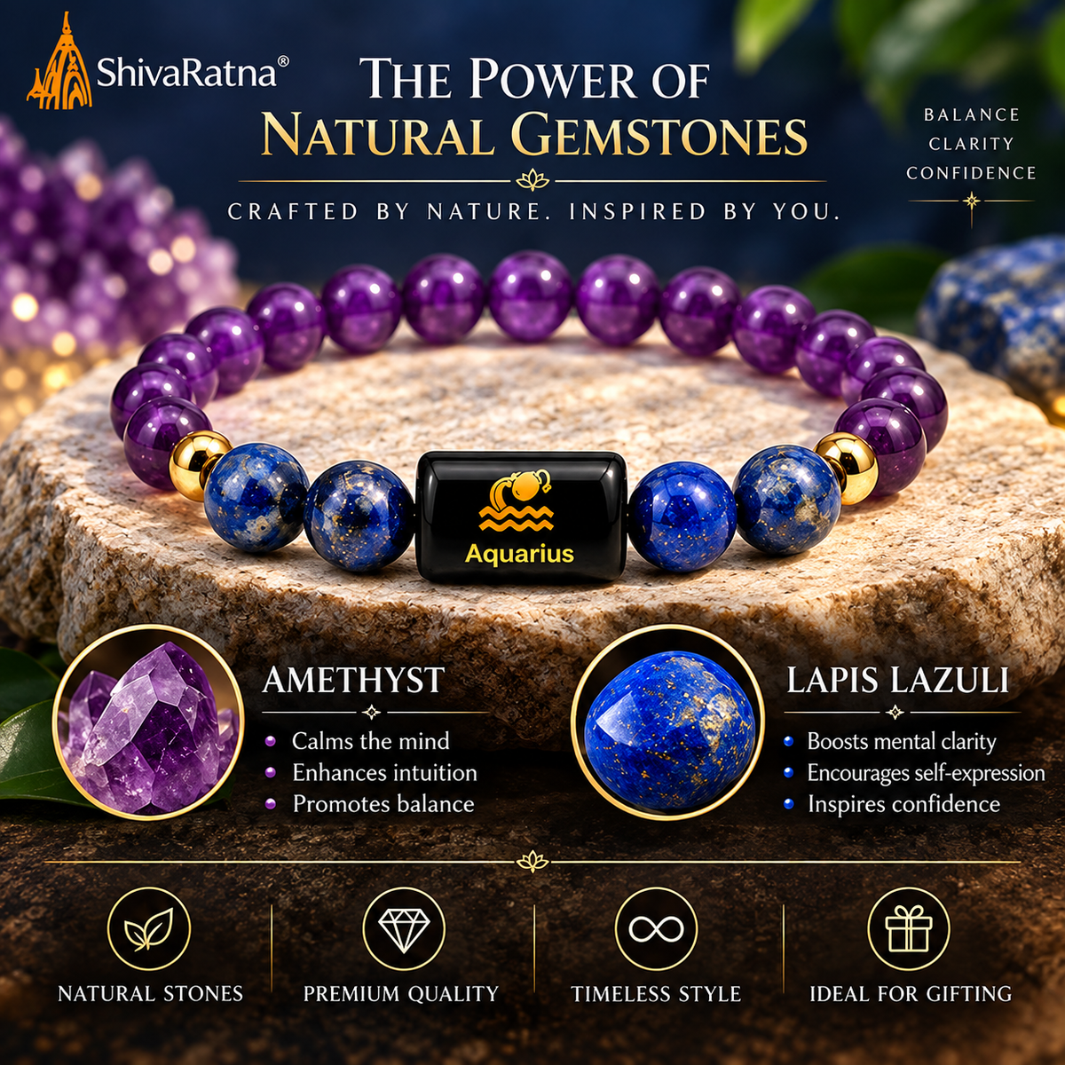 ShivaRatna Aquarius Zodiac Bracelet (कुंभ राशि) | Selenite Plate | Lab Certified | Men & Women
