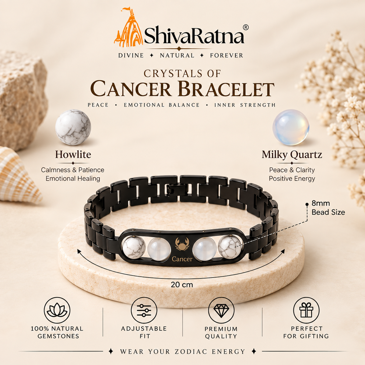 ShivaRatna Cancer Zodiac Metal Bracelet for Men | AAA+ Quality Crystal Beads | Lab Certified