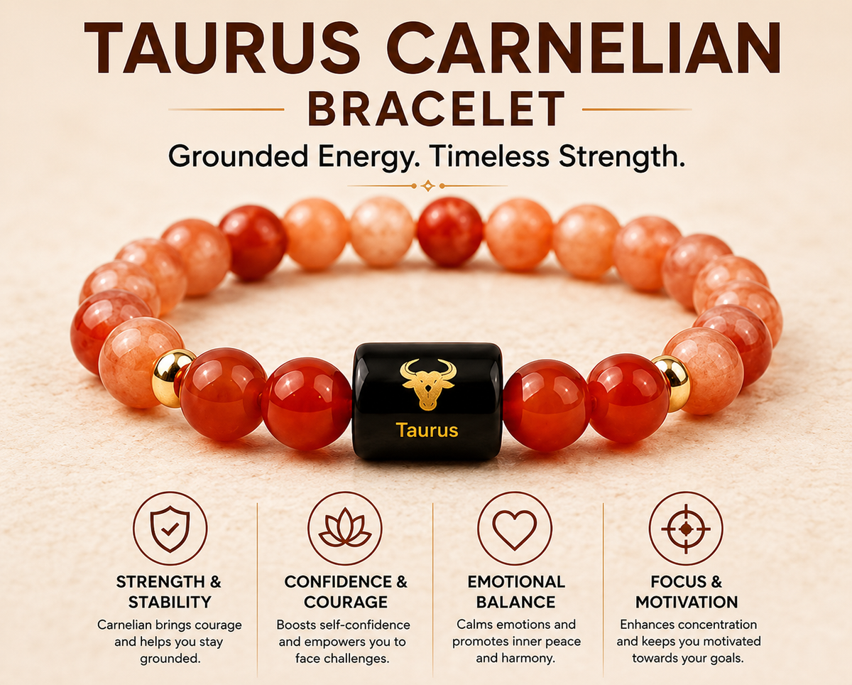ShivaRatna Taurus Zodiac Bracelet | Vrishabh Rashi (वृषभ राशि) | Selenite Plate | Original Sunstone & Carnelian | Lab Certified | Men & Women