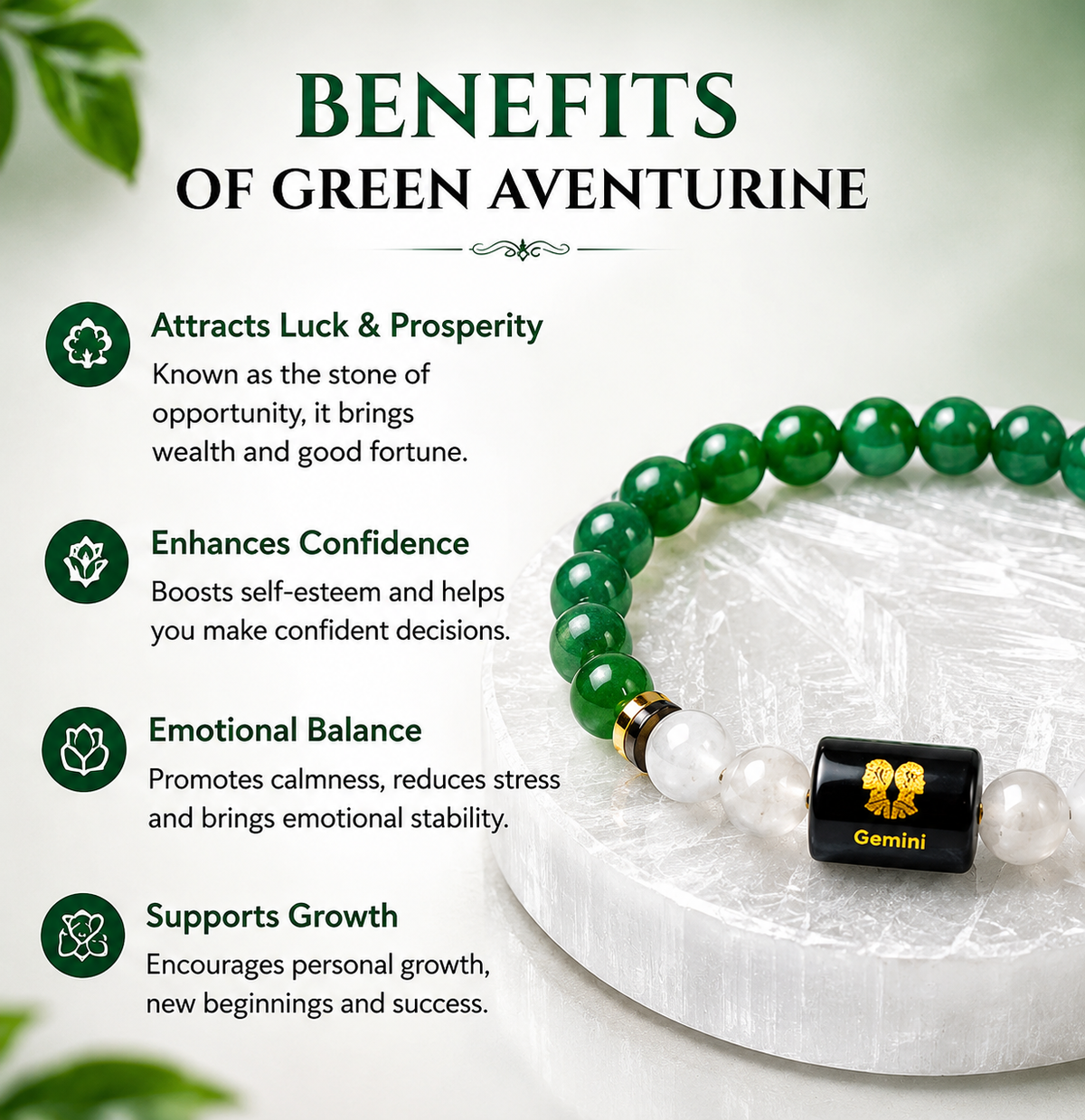 ShivaRatna Gemini Zodiac Bracelet | Mithun Rashi (मिथुन राशि) | Selenite Plate | Original Green Aventurine | Lab Certified | Men & Women