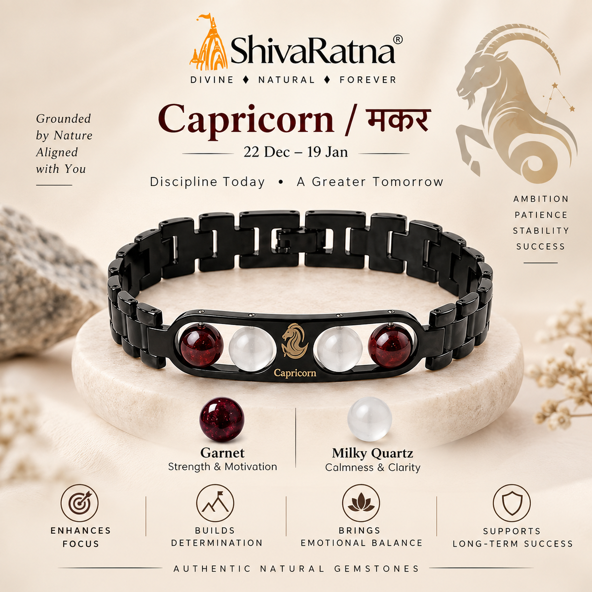 ShivaRatna Capricorn Zodiac Metal Bracelet for Men | AAA+ Quality Crystal Beads | Lab Certified