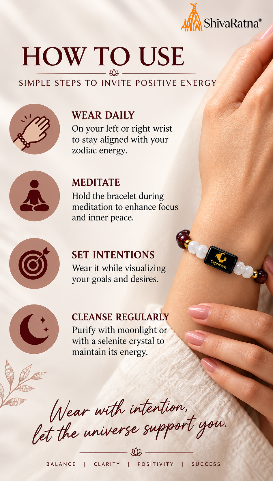 ShivaRatna Capricorn Zodiac Bracelet | Makar Rashi (मकर राशि) | Original Garnet | Selenite Plate | Lab Certified | Men & Women