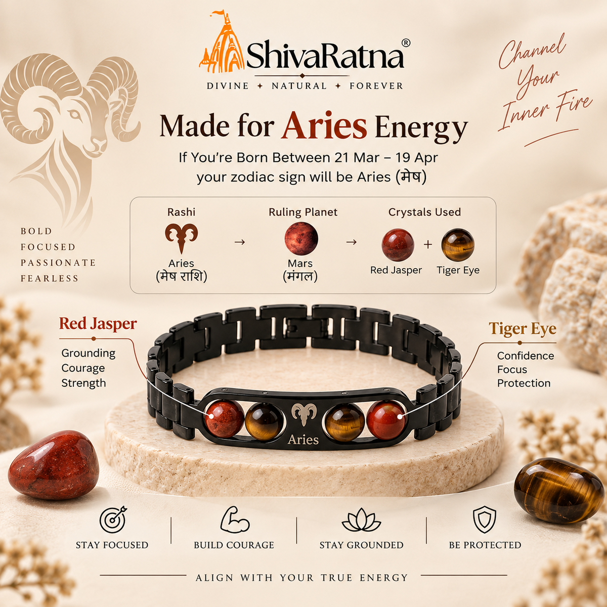 ShivaRatna Aries Zodiac Metal Bracelet for Men | AAA+ Natural Crystal Beads | Lab Certified | Aries Rashi Bracelet | Premium Gemstone Bracelet | Adjustable Fit