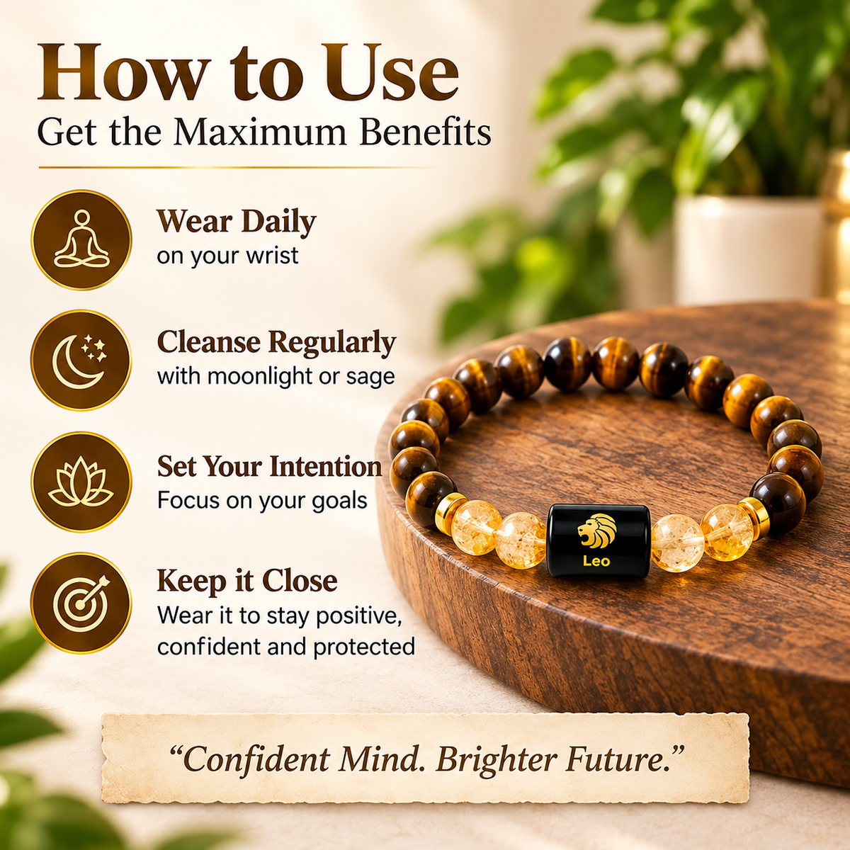 ShivaRatna Leo Zodiac Bracelet (सिंह राशि) | Selenite Plate | Citrine & Tiger Eye | Lab Certified | Men & Women