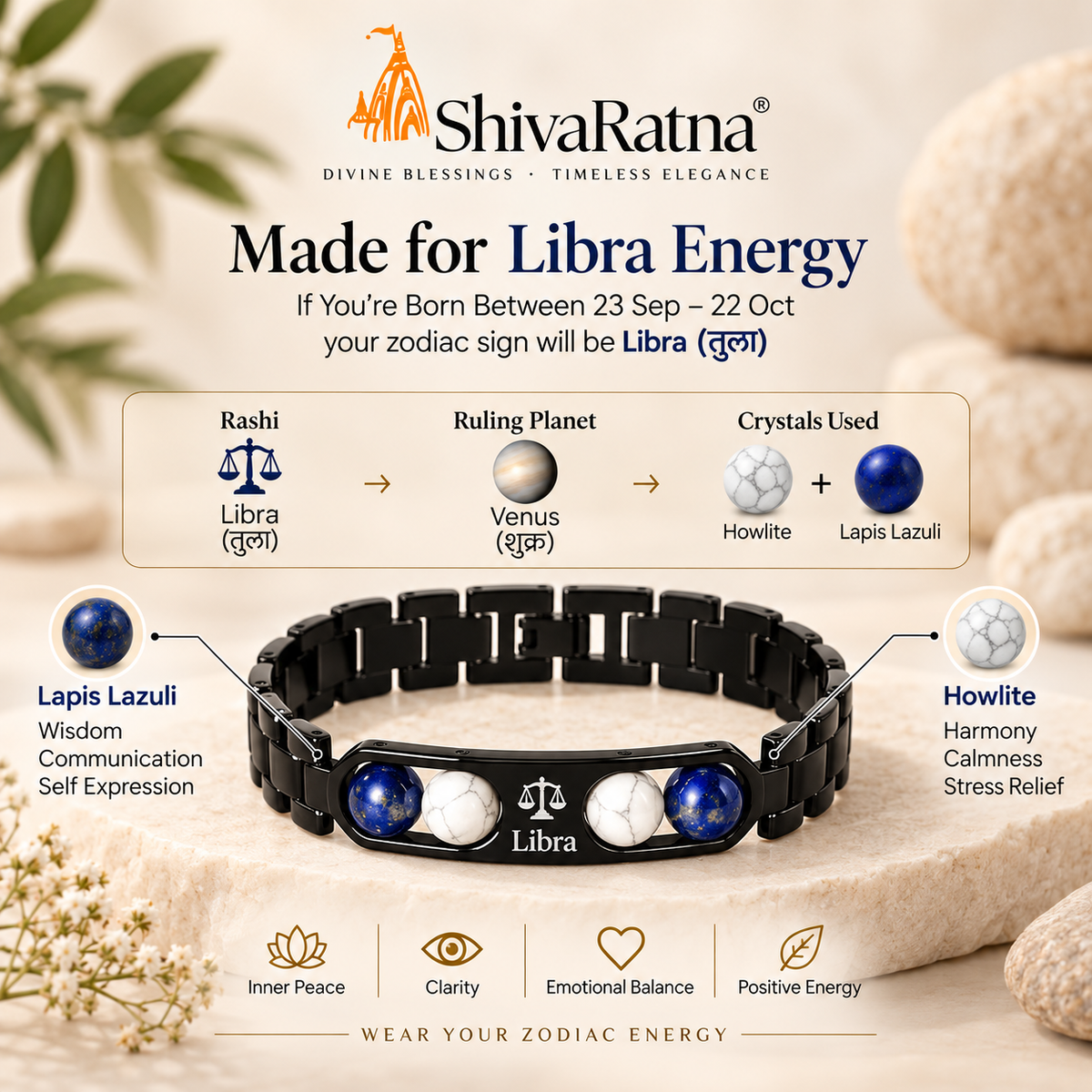 ShivaRatna Libra Zodiac Metal Bracelet for Men | AAA+ Quality Crystal Beads | Lab Certified