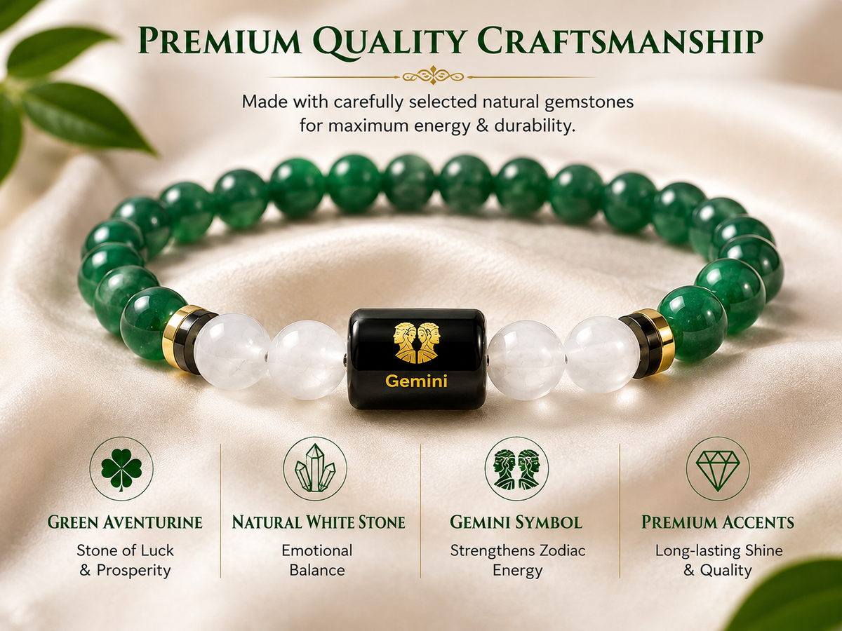 ShivaRatna Gemini Zodiac Bracelet | Mithun Rashi (मिथुन राशि) | Selenite Plate | Original Green Aventurine | Lab Certified | Men & Women