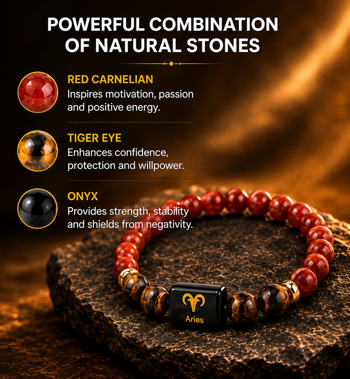 ShivaRatna Aries Zodiac Bracelet (मेष राशि) | Selenite Plate | Natural Red Jasper & Tiger Eye | Lab Certified | Men & Women