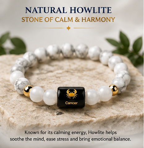 ShivaRatna Cancer Zodiac Bracelet (कर्क राशि) | Selenite Plate | Howlite & Milky Quartz | Lab Certified | Men & Women