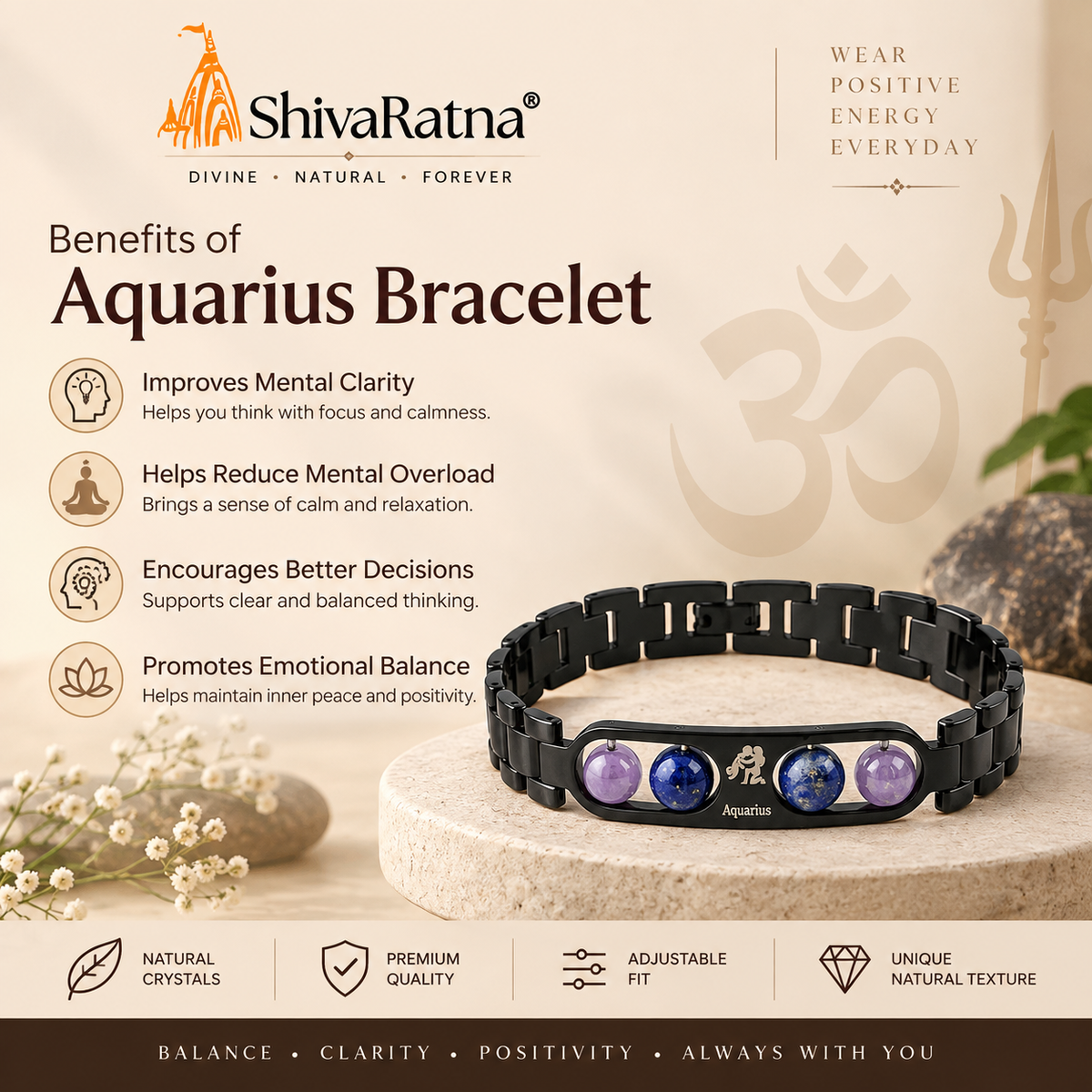 ShivaRatna Aquarius Zodiac Bracelet for Men | Metal Bracelet with Natural Crystal Beads