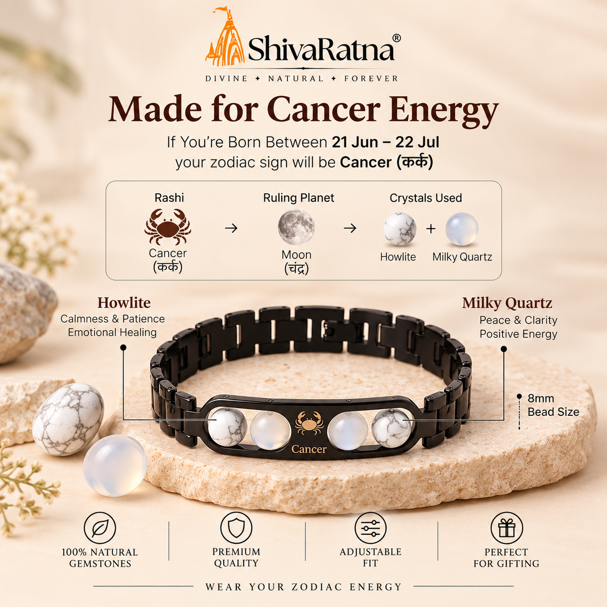 ShivaRatna Cancer Zodiac Metal Bracelet for Men | AAA+ Quality Crystal Beads | Lab Certified