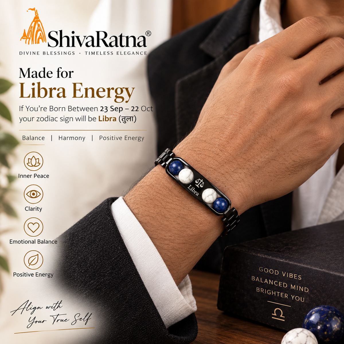 ShivaRatna Libra Zodiac Metal Bracelet for Men | AAA+ Quality Crystal Beads | Lab Certified