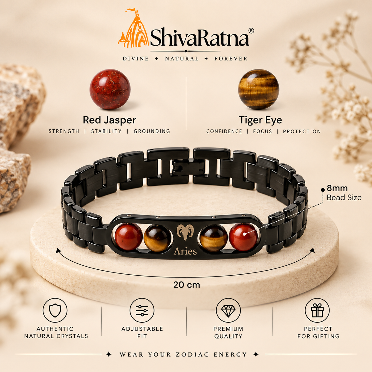 ShivaRatna Aries Zodiac Metal Bracelet for Men | AAA+ Natural Crystal Beads | Lab Certified | Aries Rashi Bracelet | Premium Gemstone Bracelet | Adjustable Fit