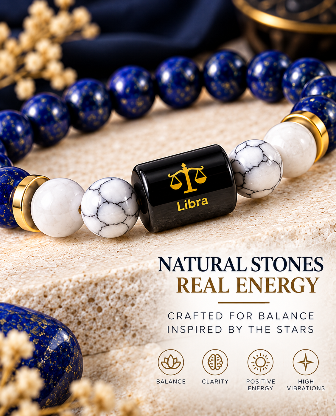 ShivaRatna Libra Zodiac Bracelet | Tula Rashi (तुला राशि) | Selenite Plate | Lab Certified | Stretchable Gemstone Bracelet | Men & Women Gift