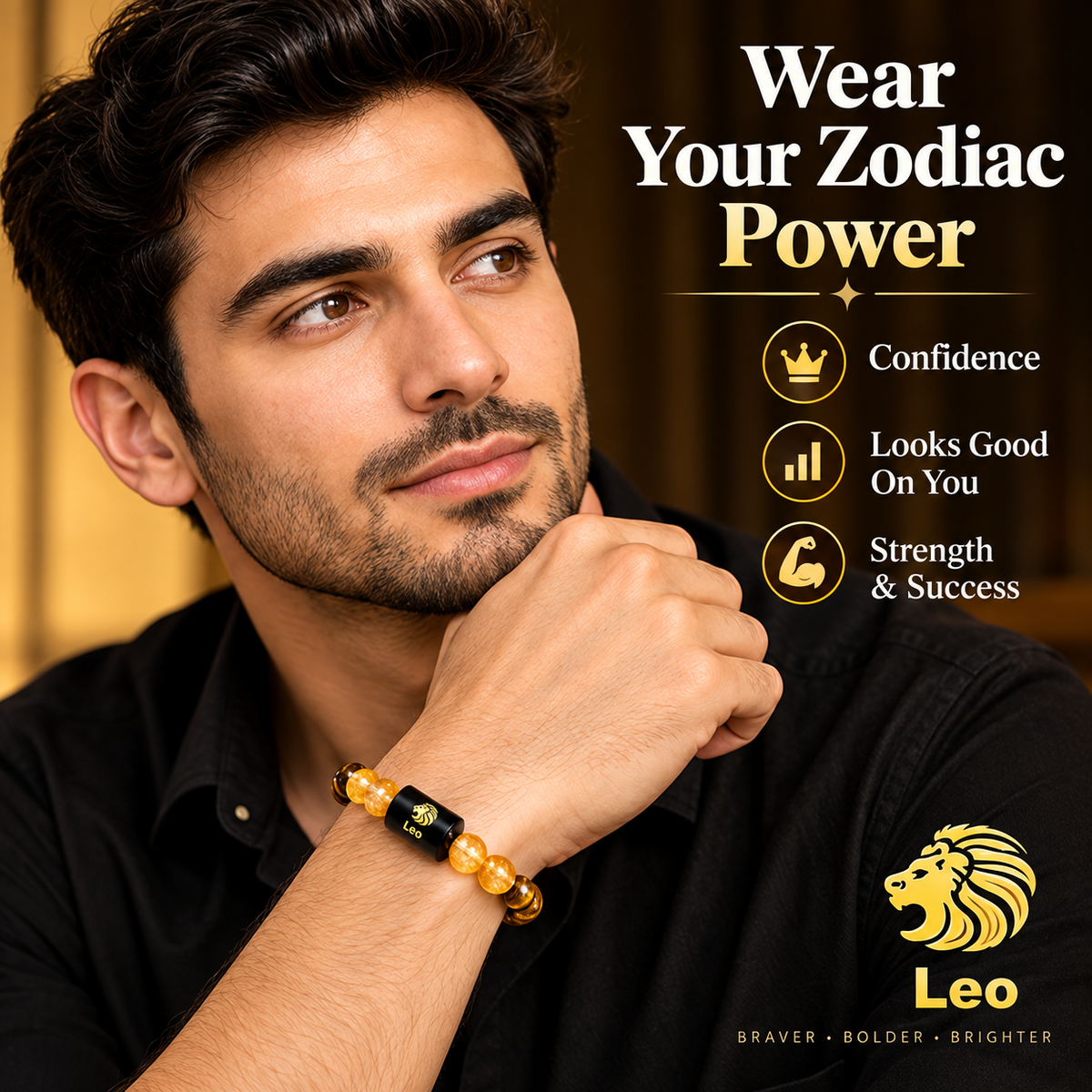 ShivaRatna Leo Zodiac Bracelet (सिंह राशि) | Selenite Plate | Citrine & Tiger Eye | Lab Certified | Men & Women