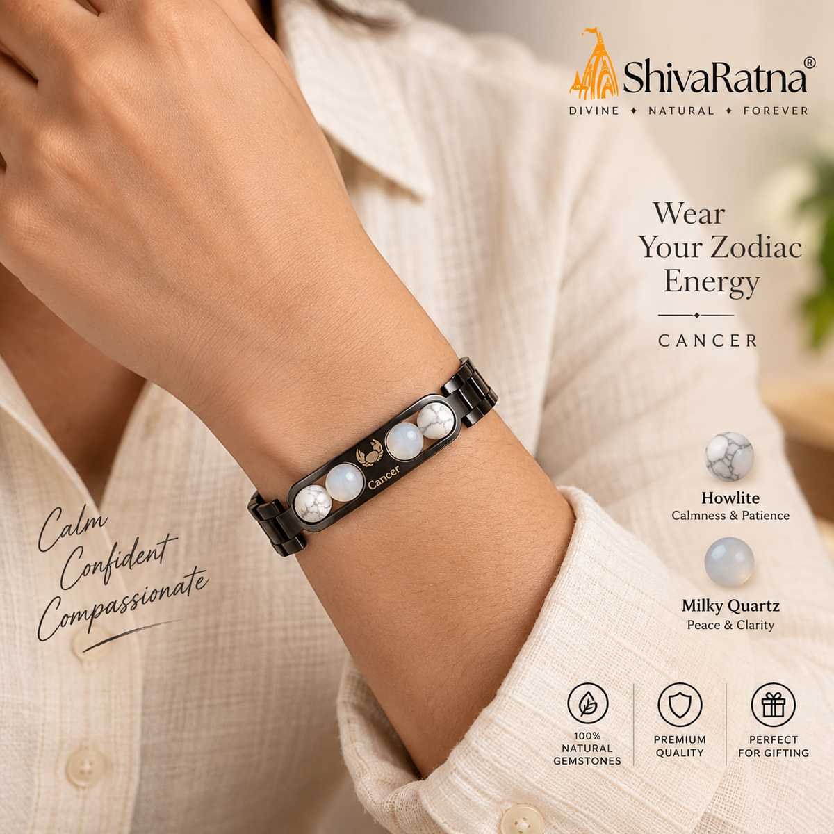 ShivaRatna Cancer Zodiac Metal Bracelet for Men | AAA+ Quality Crystal Beads | Lab Certified
