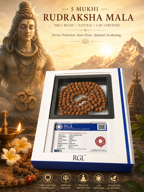 5 Mukhi Rudraksha Mala in a box with RGL certification, Shiva statue, and mountain background.