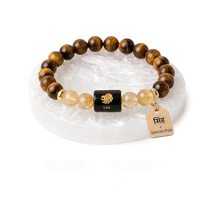 ShivaRatna Leo Zodiac Bracelet (सिंह राशि) | Selenite Plate | Citrine & Tiger Eye | Lab Certified | Men & Women