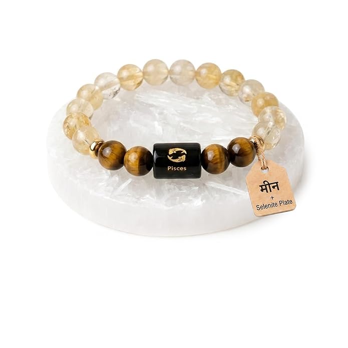 ShivaRatna Pisces Zodiac Bracelet | Meen Rashi (मीन राशि) | Natural Citrine & Tiger Eye | Selenite Plate | Lab Certified