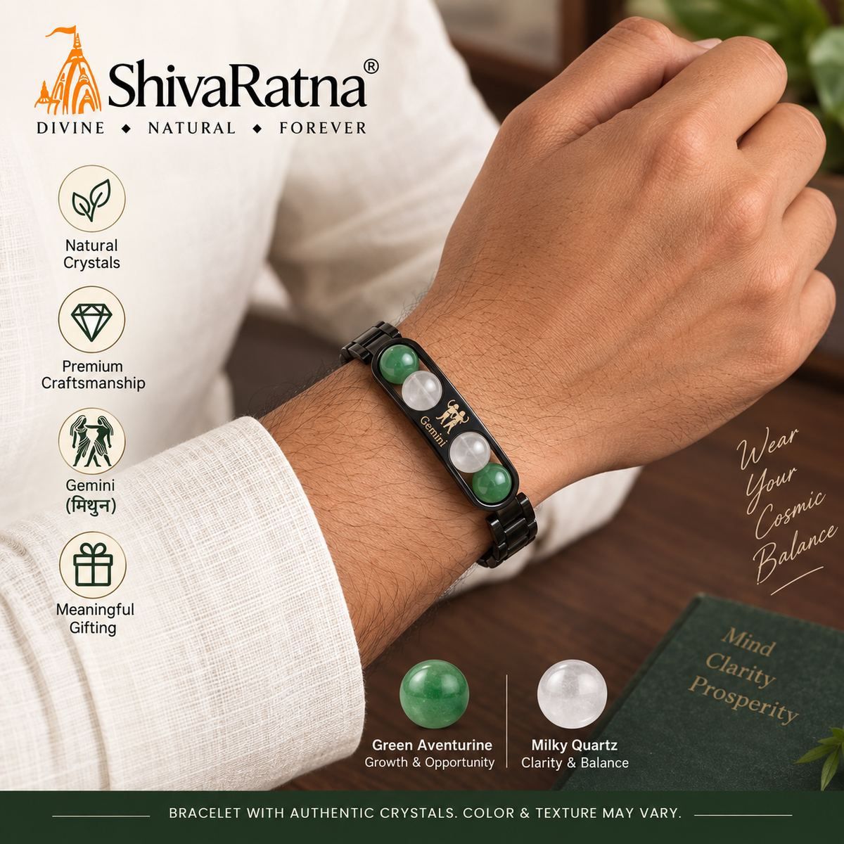 ShivaRatna Gemini Zodiac Metal Bracelet for Men | AAA+ Quality Crystal Beads | Lab Certified