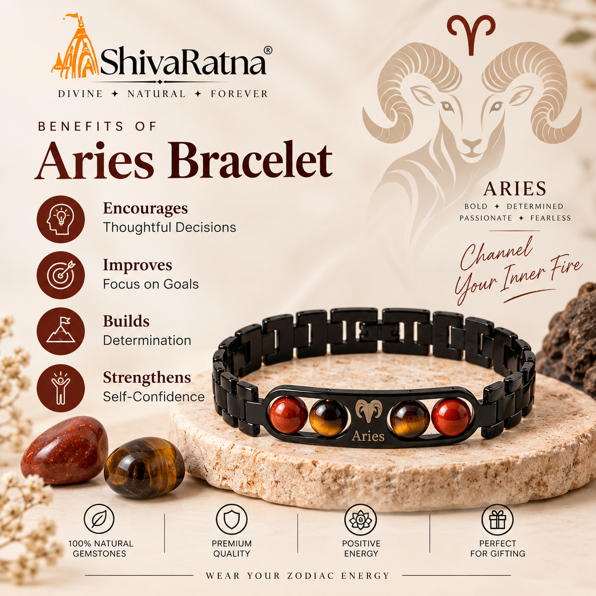ShivaRatna Aries Zodiac Metal Bracelet for Men | AAA+ Natural Crystal Beads | Lab Certified | Aries Rashi Bracelet | Premium Gemstone Bracelet | Adjustable Fit