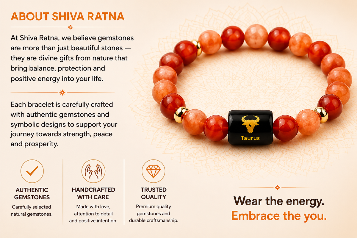 ShivaRatna Taurus Zodiac Bracelet | Vrishabh Rashi (वृषभ राशि) | Selenite Plate | Original Sunstone & Carnelian | Lab Certified | Men & Women