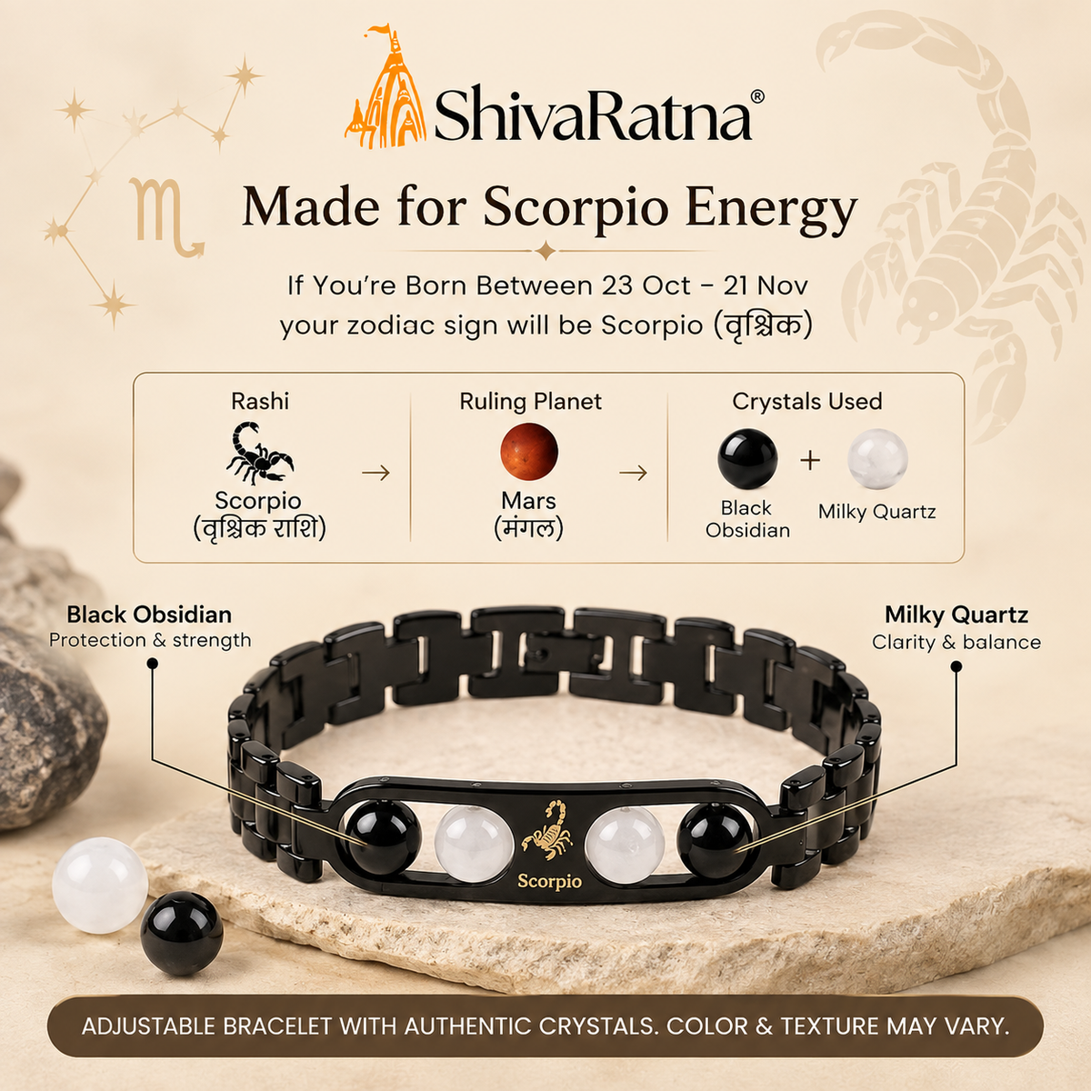 ShivaRatna Scorpio Zodiac Metal Bracelet for Men | AAA+ Quality Crystal Beads | Lab Certified