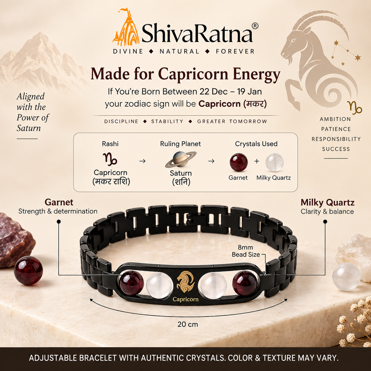 ShivaRatna Capricorn Zodiac Metal Bracelet for Men | AAA+ Quality Crystal Beads | Lab Certified