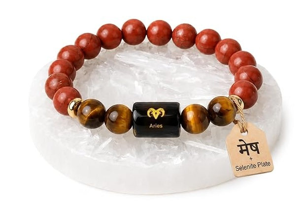 ShivaRatna Aries Zodiac Bracelet (मेष राशि) | Selenite Plate | Natural Red Jasper & Tiger Eye | Lab Certified | Men & Women