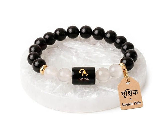 ShivaRatna Scorpio Rashi Bracelet | Vrischik Zodiac Gemstone Bracelet with Selenite Plate | Lab Certified | Men & Women